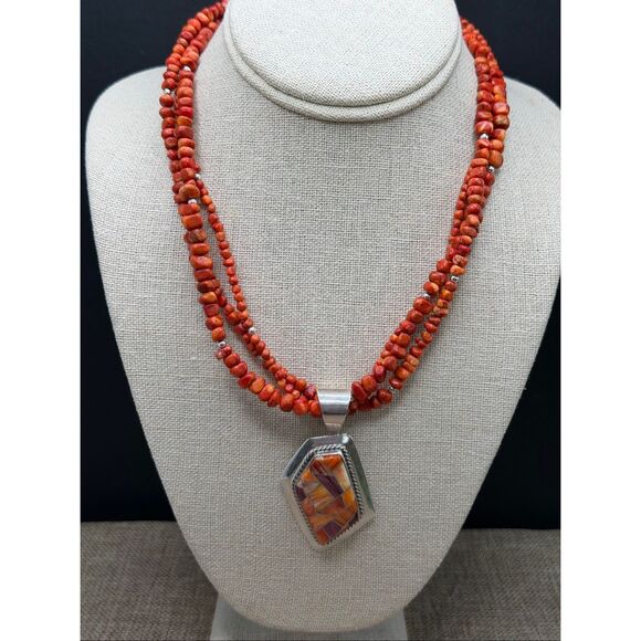Jay King Desert Rose Trading 925 Sterling Spiny Oyster & Coral Necklace - Picture 1 of 10